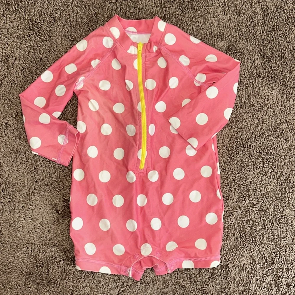Pink polka dot one piece and yellow swim trunks 12/18m coordinating twin set